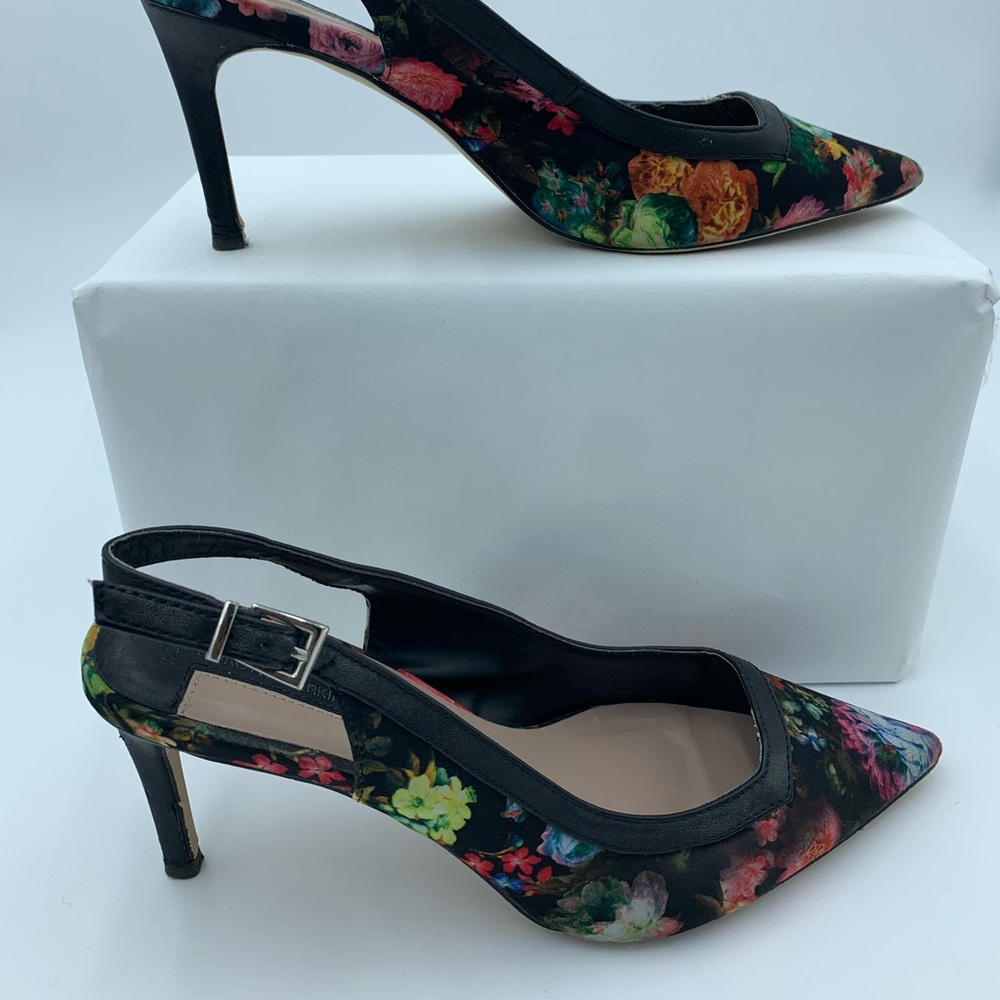 Dorothy Perkins Black Floral Sling Back Shoes Stiletto Heels  Faux Leather UK 7 - Picture 2 of 13